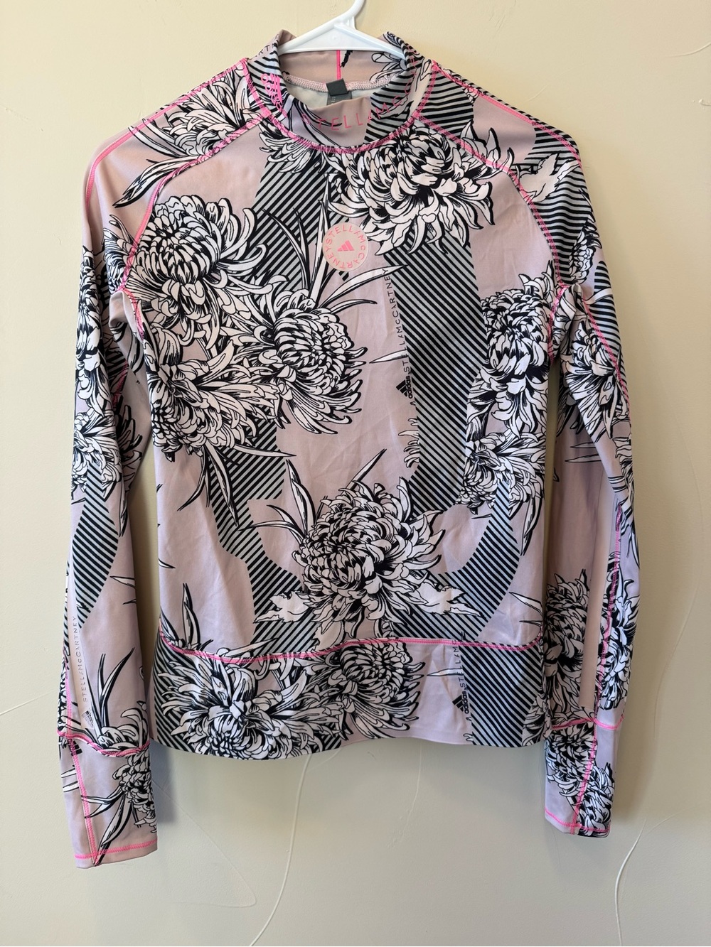 Adidas by Stella McCartney Blush Pink Black Floral Long Sleeve Mock Neck Top